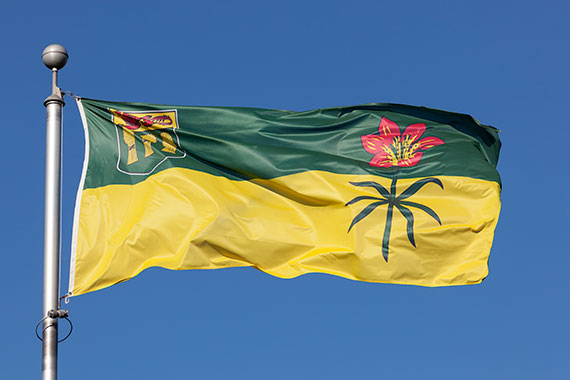 The provincial flag of Saskatchewan flies in the wind, symbolizing the great inner strength and stoic nature of residents of Saskatchewan and their ability to overcome alcoholism